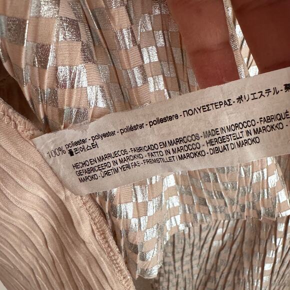 Zara Metallic Checkered Crinkle Ruffle Top Pink Silver Tiered Long Sleeve Sz M - Picture 4 of 5